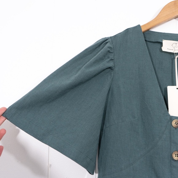 Teal Button Down Puff Sleeve Linen Dress - Picture 6 of 7